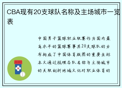 CBA现有20支球队名称及主场城市一览表