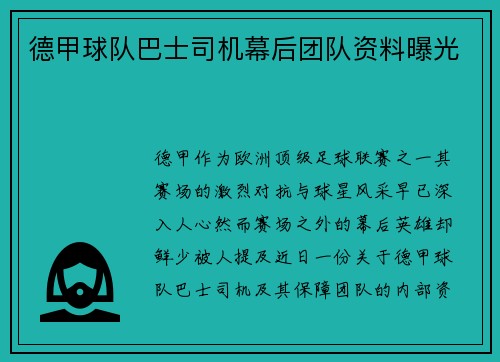 德甲球队巴士司机幕后团队资料曝光